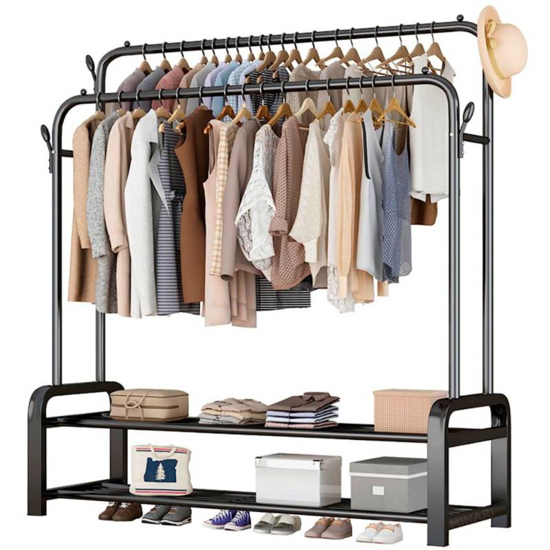 Imagen de Perchero Doble de Metal con doble estante inferior 125x58x154cm Negro