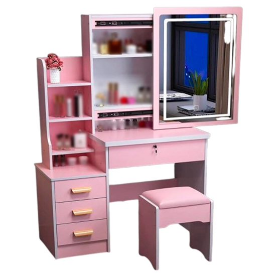 Imagen de Tocador con Espejo Luz LED Cajones, Estantes y Taburete Rosa