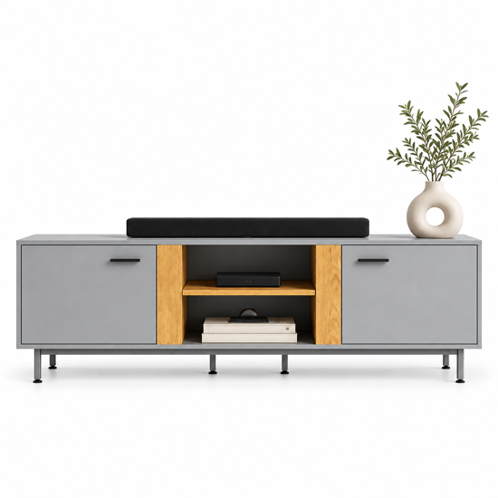 Imagen de Rack Minimalista para TV con 2 Puertas, Estantes y Patas de Metal