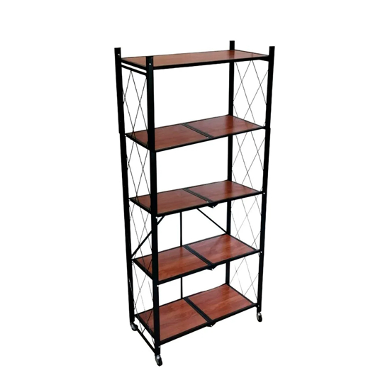 Imagen de Estantería Plegable Negra 5 Estantes con Madera y Ruedas